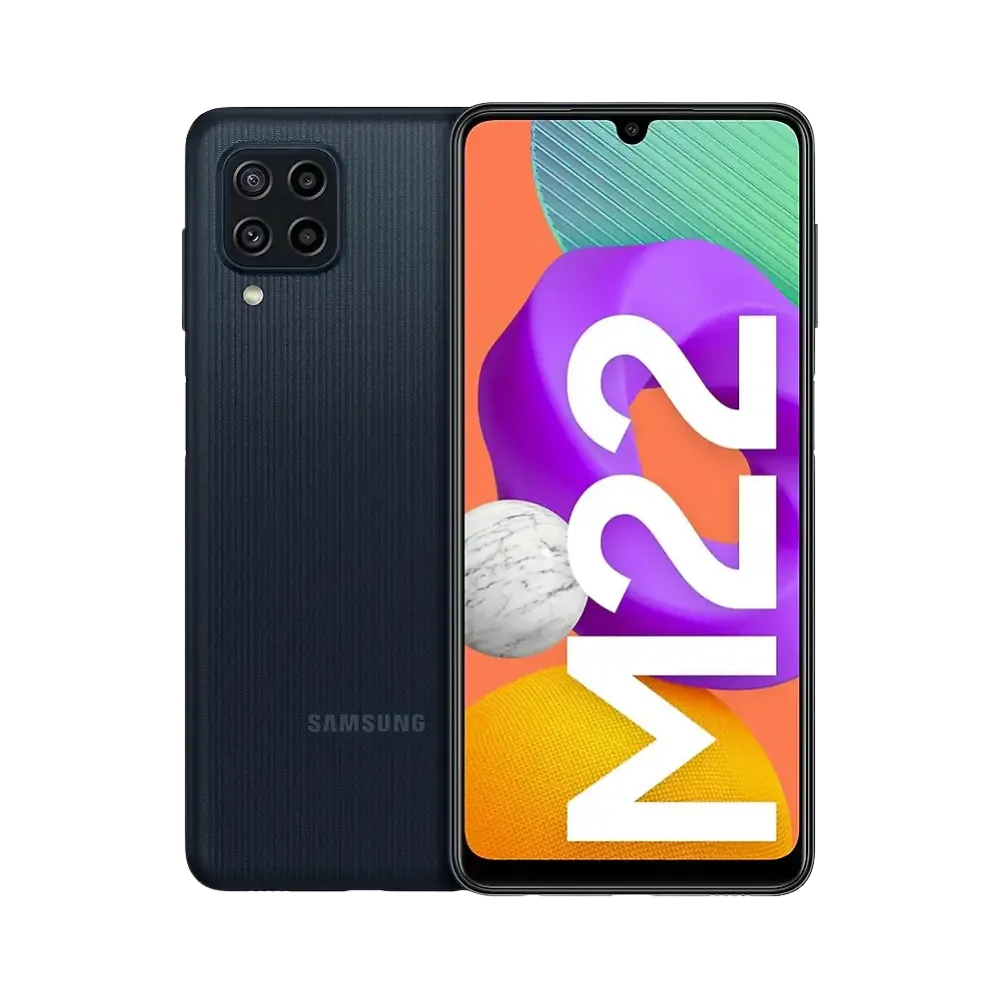 Samsung Galaxy M22 noir, vue avant avec marquage M22 et dos texturé avec module photo carré à quatre capteurs, smartphone présenté pour réparation chez iTelier Lyon : remplacement écran, batterie, vitre arrière, diagnostic gratuit et service rapide garanti.