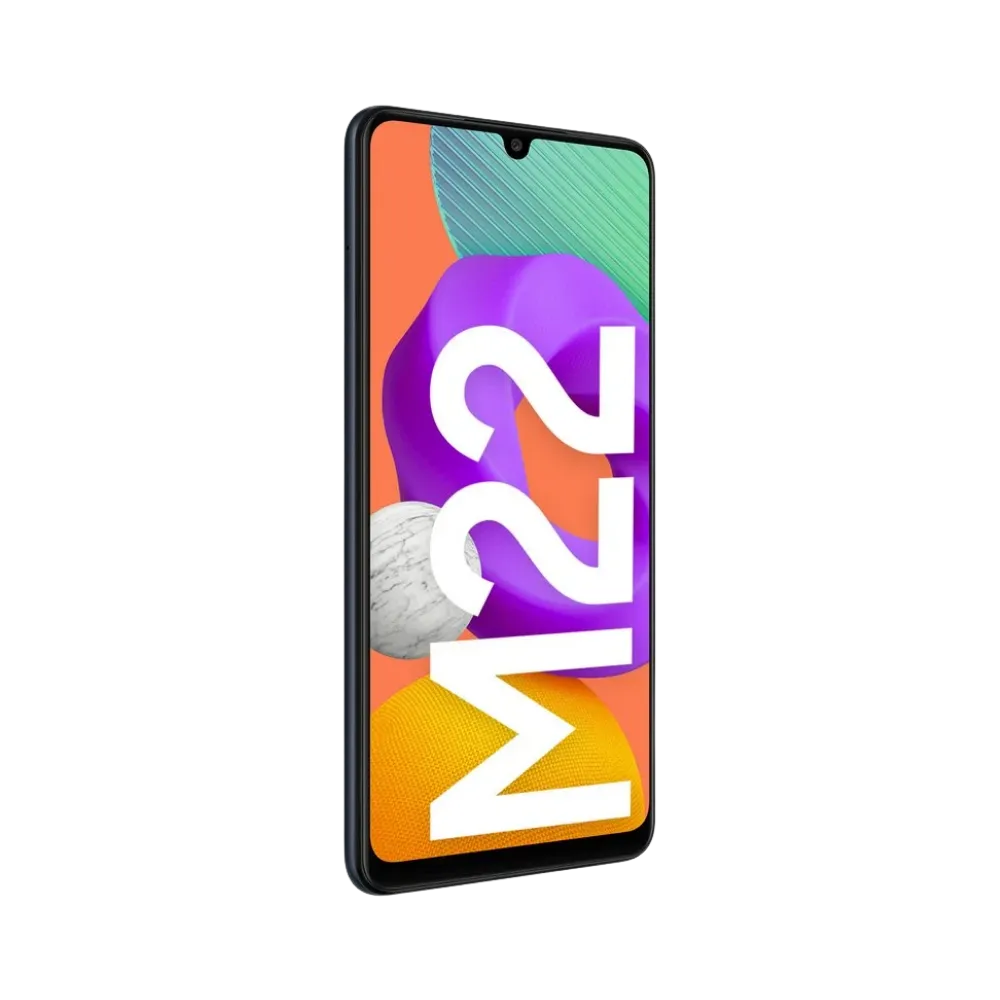 Face avant du Samsung Galaxy M22 noir, écran lumineux affichant M22 avec fond coloré, modèle destiné à la réparation chez iTelier Lyon : changement écran original, diagnostic offert, réparation express avec pièces certifiées.