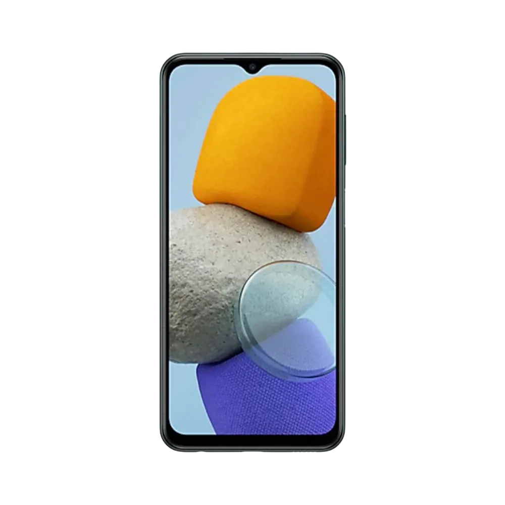 Face avant du Samsung Galaxy M23 5G vert, écran lumineux affichant Samsung Galaxy M23 5G, modèle destiné à la réparation chez iTelier Lyon : changement écran original, diagnostic offert, réparation express avec pièces garanties.