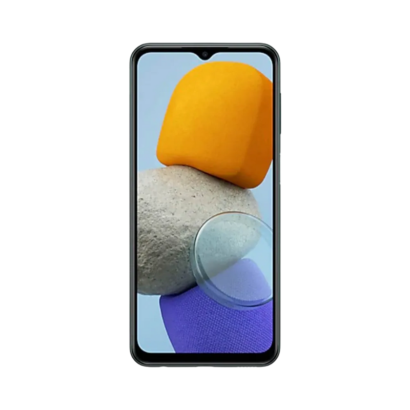 Face avant du Samsung Galaxy M23 5G vert, écran lumineux affichant Samsung Galaxy M23 5G, modèle destiné à la réparation chez iTelier Lyon : changement écran original, diagnostic offert, réparation express avec pièces garanties.