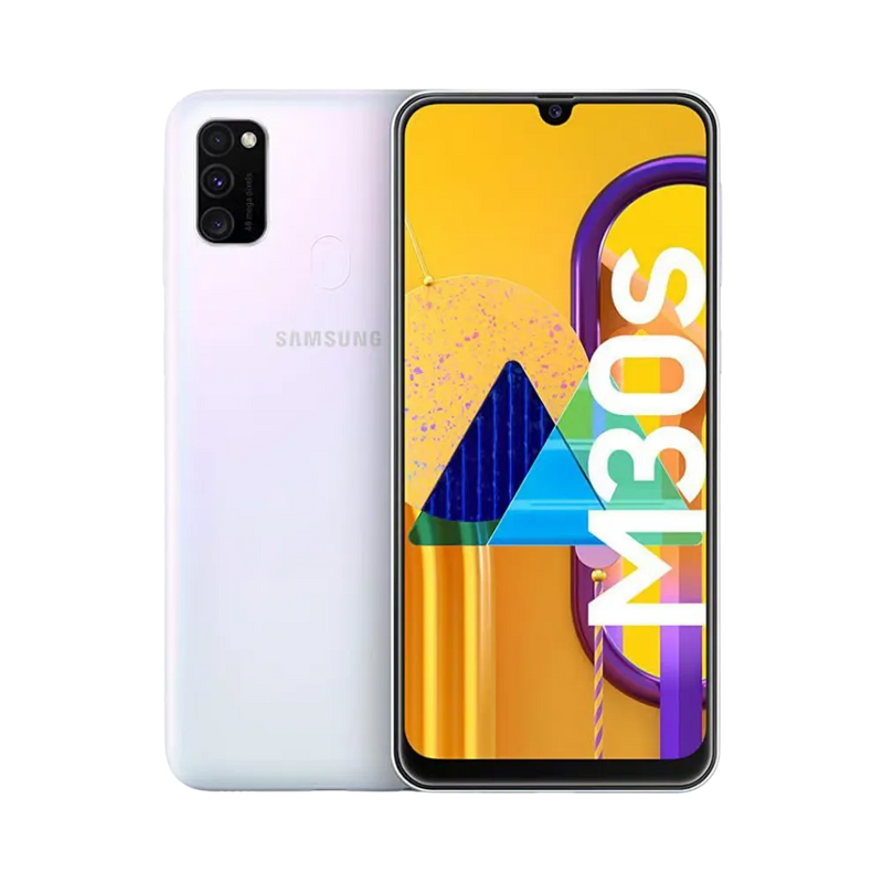 Samsung Galaxy M30s blanc, vue avant avec marquage M30s et dos nacré équipé d’un module photo rectangulaire avec trois capteurs, smartphone présenté pour réparation chez iTelier Lyon : remplacement écran, batterie, vitre arrière, diagnostic gratuit et garantie 1 an.
