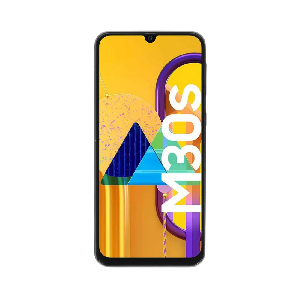 Face avant du Samsung Galaxy M30s blanc, écran lumineux affichant M30s avec fond coloré, smartphone destiné à la réparation chez iTelier Lyon : changement écran original, diagnostic offert, réparation rapide avec pièces certifiées.