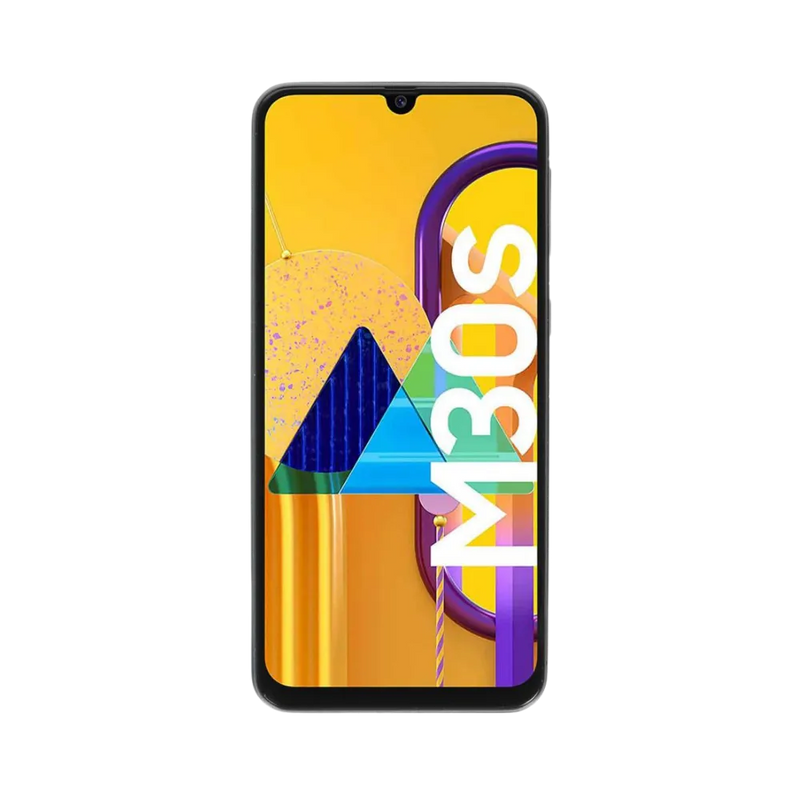 Face avant du Samsung Galaxy M30s blanc, écran lumineux affichant M30s avec fond coloré, smartphone destiné à la réparation chez iTelier Lyon : changement écran original, diagnostic offert, réparation rapide avec pièces certifiées.