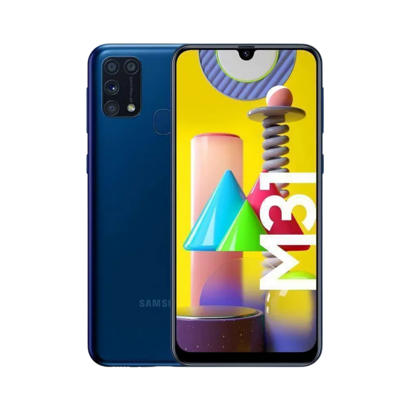 Samsung Galaxy M31 bleu, vue avant avec marquage M31 et dos brillant équipé d’un module photo rectangulaire à quatre capteurs, smartphone présenté pour réparation chez iTelier Lyon : remplacement écran, batterie, vitre arrière, diagnostic gratuit et garantie 1 an.