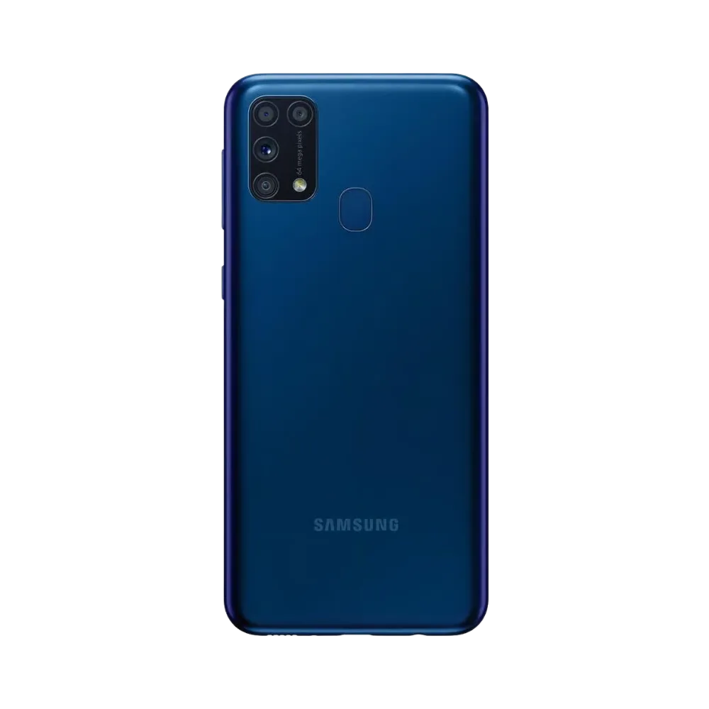 Dos du Samsung Galaxy M31 bleu brillant, module photo rectangulaire avec quatre capteurs et flash, smartphone présenté pour réparation chez iTelier Lyon : remplacement vitre arrière, batterie, diagnostic gratuit et service express.