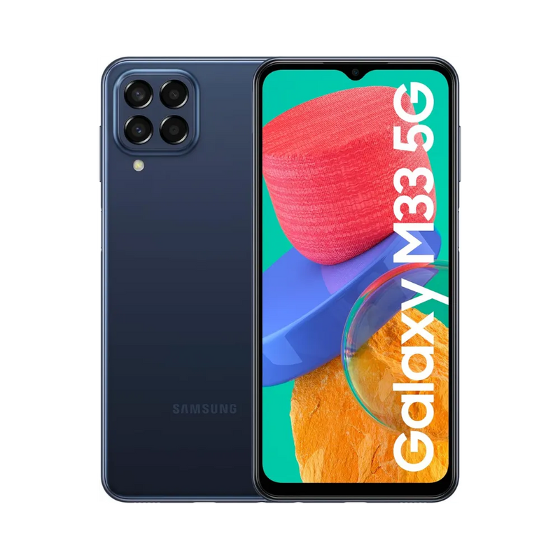 Samsung Galaxy M33 5G bleu, vue avant avec marquage Galaxy M33 5G et dos équipé d’un module photo carré à quatre capteurs, présenté pour réparation chez iTelier Lyon : remplacement écran, batterie, vitre arrière, diagnostic gratuit et garantie 1 an.
