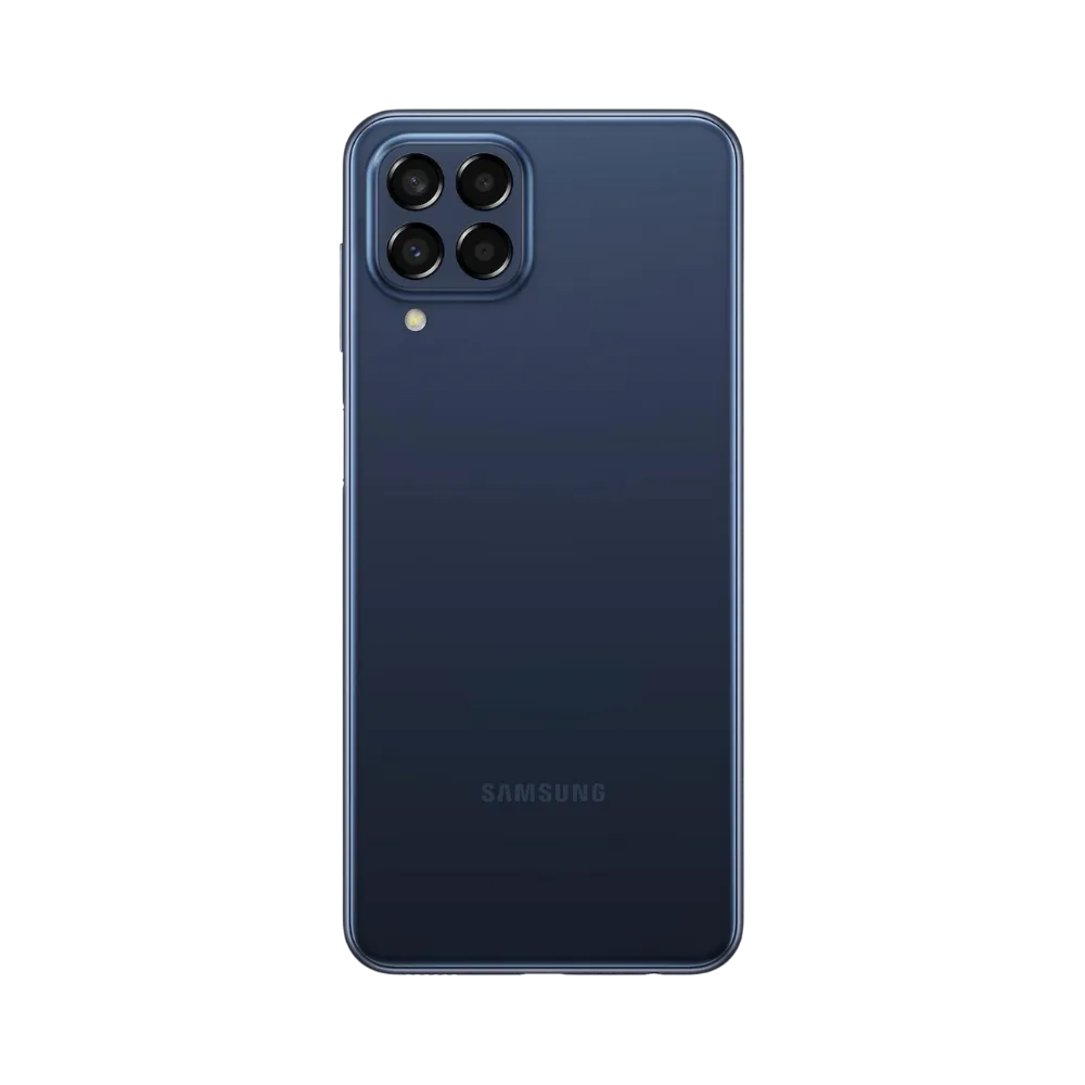 Dos du Samsung Galaxy M33 5G bleu foncé, module photo carré à quatre capteurs, smartphone présenté pour réparation chez iTelier Lyon : remplacement vitre arrière, batterie, diagnostic gratuit et service express garanti.