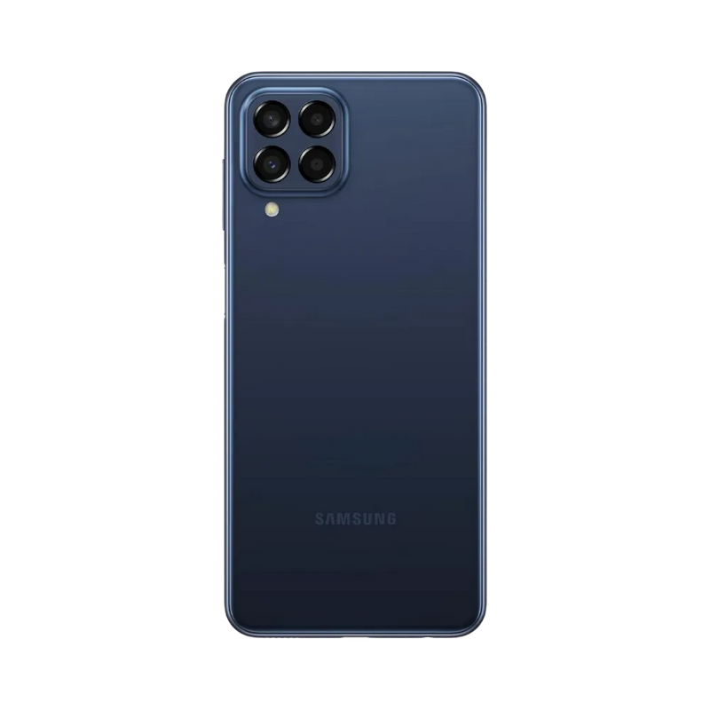 Dos du Samsung Galaxy M33 5G bleu foncé, module photo carré à quatre capteurs, smartphone présenté pour réparation chez iTelier Lyon : remplacement vitre arrière, batterie, diagnostic gratuit et service express garanti.