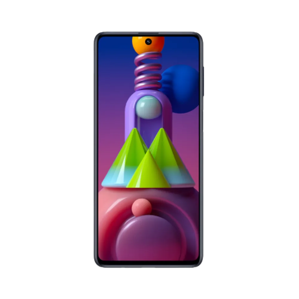 Face avant du Samsung Galaxy M51 noir, écran lumineux affichant M51 avec fond coloré, smartphone destiné à la réparation chez iTelier Lyon : changement écran original, diagnostic offert, réparation rapide avec pièces certifiées.