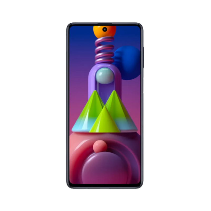 Face avant du Samsung Galaxy M51 noir, écran lumineux affichant M51 avec fond coloré, smartphone destiné à la réparation chez iTelier Lyon : changement écran original, diagnostic offert, réparation rapide avec pièces certifiées.