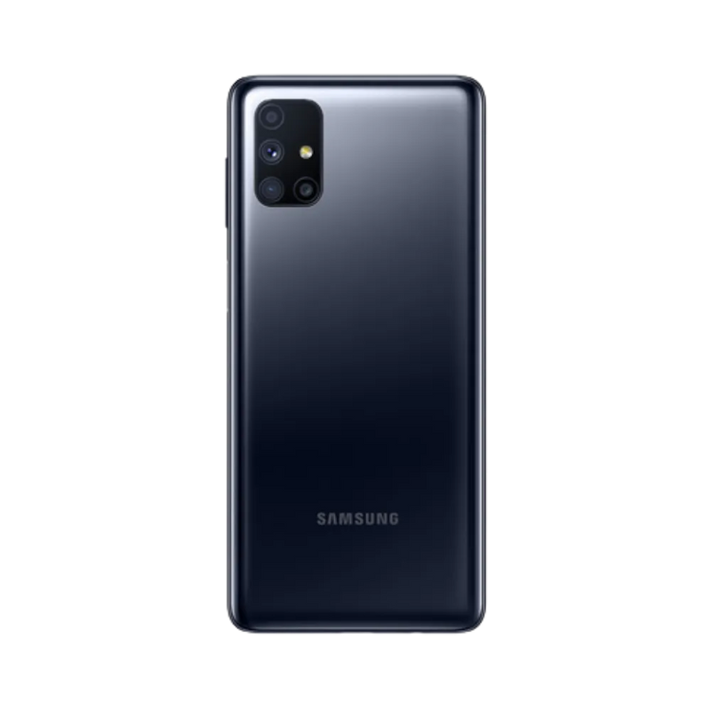 Dos du Samsung Galaxy M51 noir brillant, module photo rectangulaire avec quatre capteurs et flash, smartphone présenté pour réparation chez iTelier Lyon : remplacement vitre arrière, batterie, diagnostic gratuit et pièces garanties.