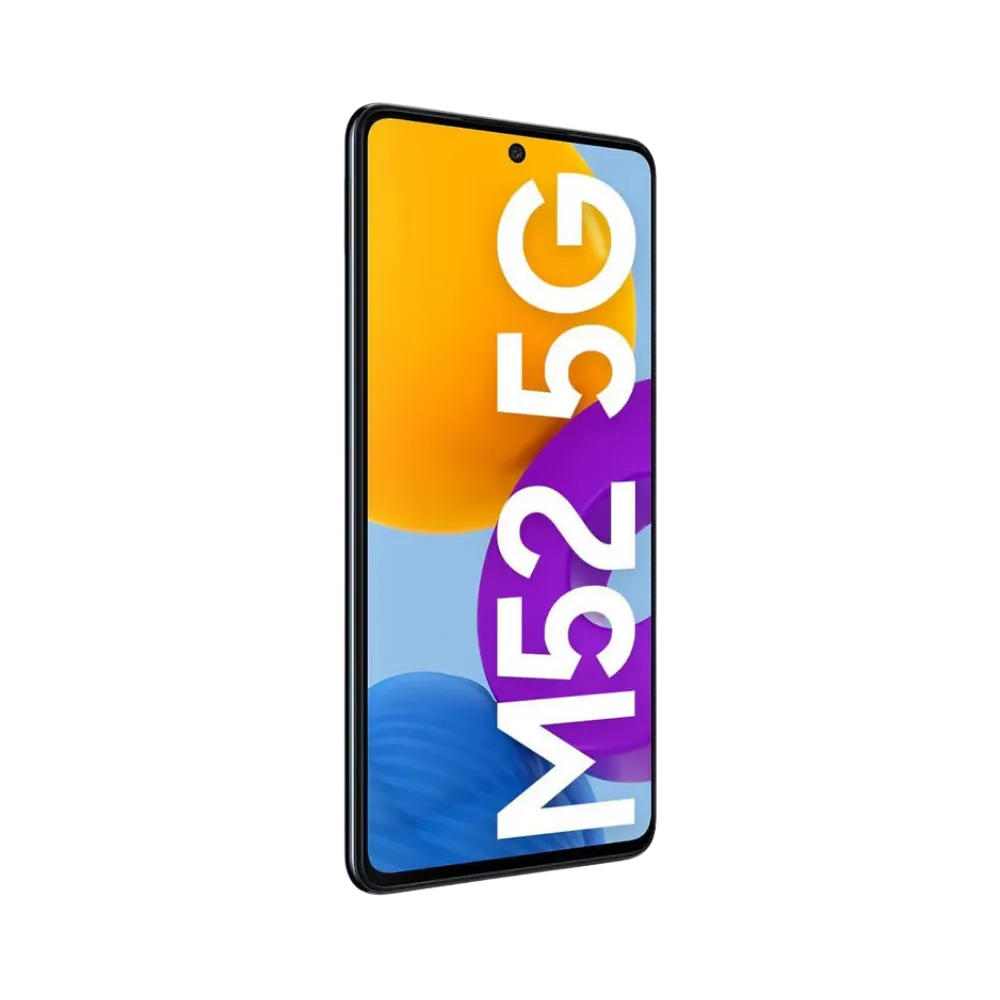Face avant du Samsung Galaxy M52 5G noir, écran lumineux affichant M52 5G, modèle destiné à la réparation chez iTelier Lyon : changement écran original, diagnostic offert, réparation express avec pièces garanties.