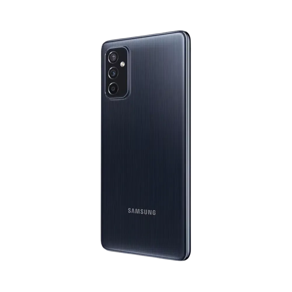 Dos du Samsung Galaxy M52 5G noir, triple caméra verticale et design strié, smartphone présenté pour réparation chez iTelier Lyon : remplacement vitre arrière, batterie, diagnostic gratuit et pièces certifiées.