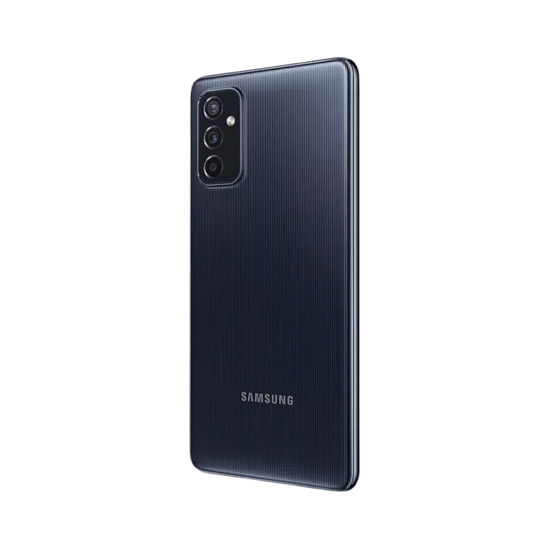 Dos du Samsung Galaxy M52 5G noir, triple caméra verticale et design strié, smartphone présenté pour réparation chez iTelier Lyon : remplacement vitre arrière, batterie, diagnostic gratuit et pièces certifiées.