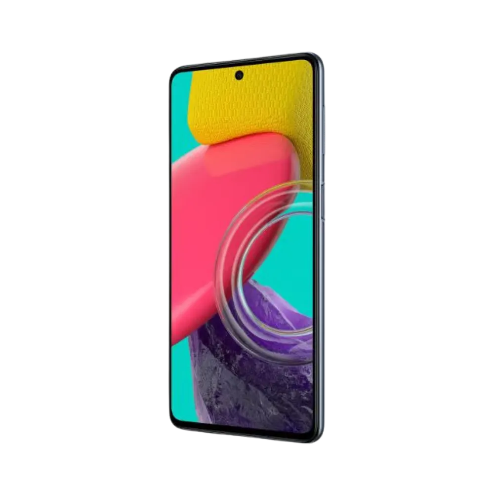 Face avant du Samsung Galaxy M53 5G bleu, écran lumineux avec couleurs vives, modèle destiné à la réparation chez iTelier Lyon : changement écran original, diagnostic offert, réparation express avec pièces garanties.