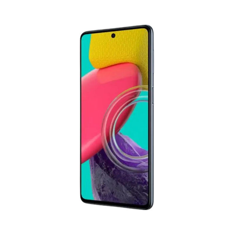 Face avant du Samsung Galaxy M53 5G bleu, écran lumineux avec couleurs vives, modèle destiné à la réparation chez iTelier Lyon : changement écran original, diagnostic offert, réparation express avec pièces garanties.