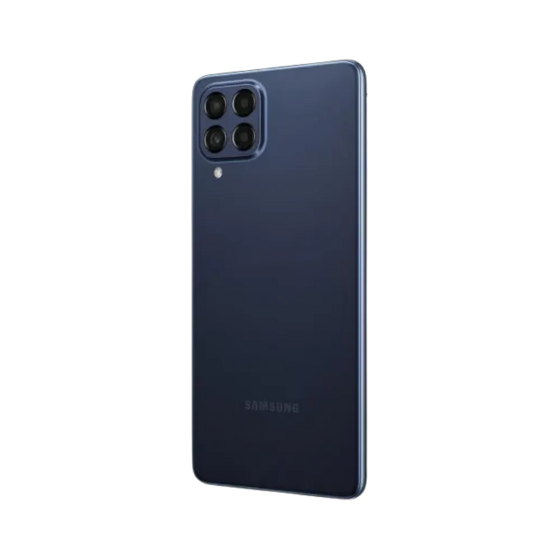 Dos du Samsung Galaxy M53 5G bleu foncé, module photo à quatre capteurs, smartphone présenté pour réparation chez iTelier Lyon : remplacement vitre arrière, batterie, diagnostic gratuit et pièces certifiées.