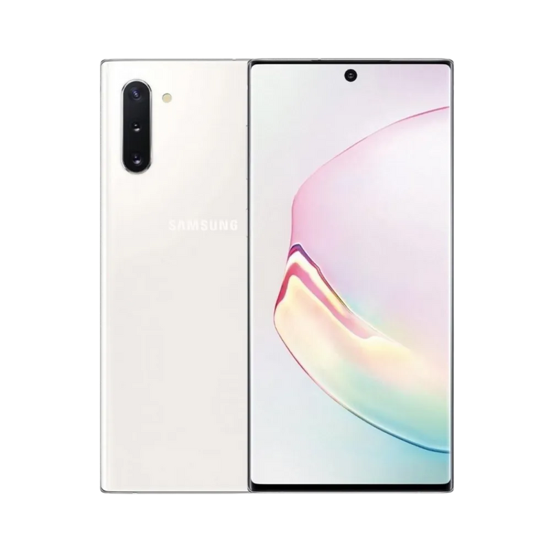 Samsung Galaxy Note 10 blanc nacré, vue avant et arrière : écran bord à bord avec poinçon central, dos brillant à triple caméra verticale ; visuel iTelier Lyon pour réparation écran, batterie, vitre arrière ; diagnostic gratuit, service rapide garanti 1 an.