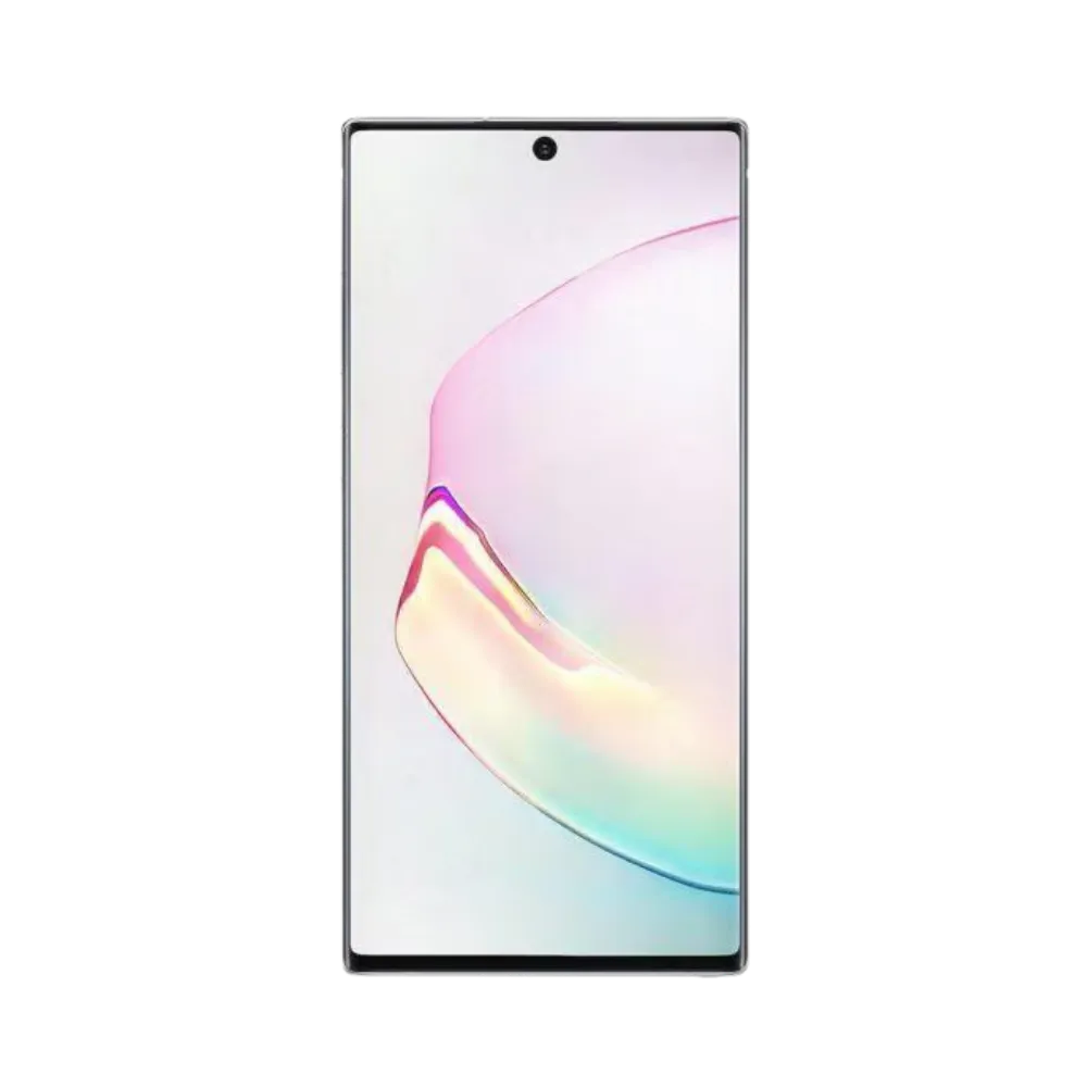 Face avant du Samsung Galaxy Note 10 blanc, écran lumineux bord à bord avec poinçon central ; modèle destiné à la réparation chez iTelier Lyon : changement écran original, diagnostic offert, réparation express avec pièces certifiées.