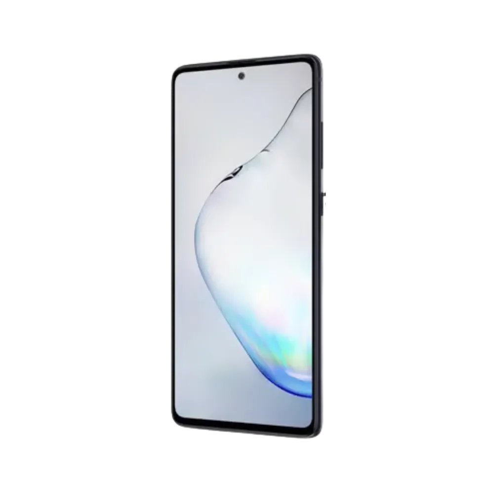 Deux Samsung Galaxy Note 10 Lite noirs côte à côte, l’un de face avec écran allumé et l’autre de dos avec module photo carré, visuels utilisés pour réparation chez iTelier Lyon : écran, batterie, vitre arrière, diagnostic gratuit et service express.