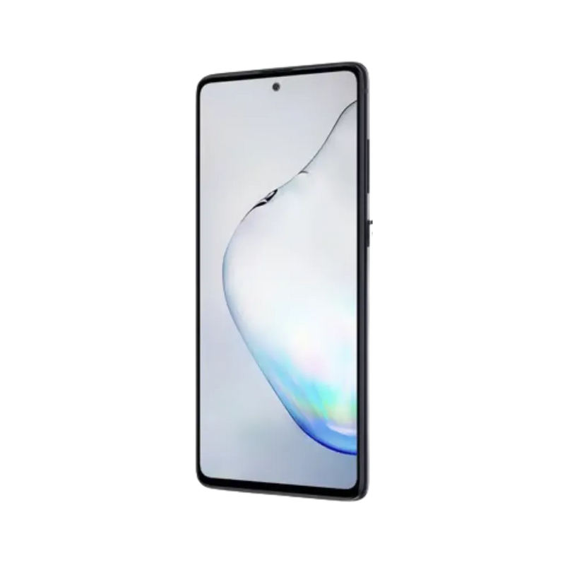 Deux Samsung Galaxy Note 10 Lite noirs côte à côte, l’un de face avec écran allumé et l’autre de dos avec module photo carré, visuels utilisés pour réparation chez iTelier Lyon : écran, batterie, vitre arrière, diagnostic gratuit et service express.