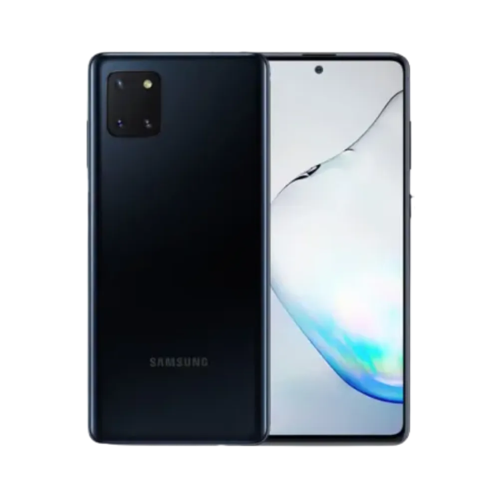Samsung Galaxy Note 10 Lite noir, vue avant avec écran lumineux incurvé et dos brillant avec triple caméra carrée, smartphone présenté pour réparation chez iTelier Lyon : remplacement écran, batterie, vitre arrière, diagnostic gratuit et service rapide garanti.