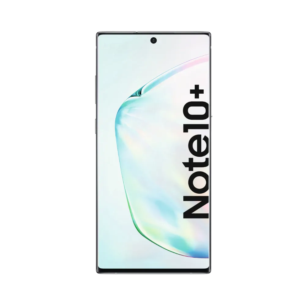Face avant du Samsung Galaxy Note 10 Plus 5G argent, écran lumineux incurvé affichant Note10+, modèle destiné à la réparation chez iTelier Lyon : changement écran original, diagnostic offert, réparation express avec pièces certifiées.