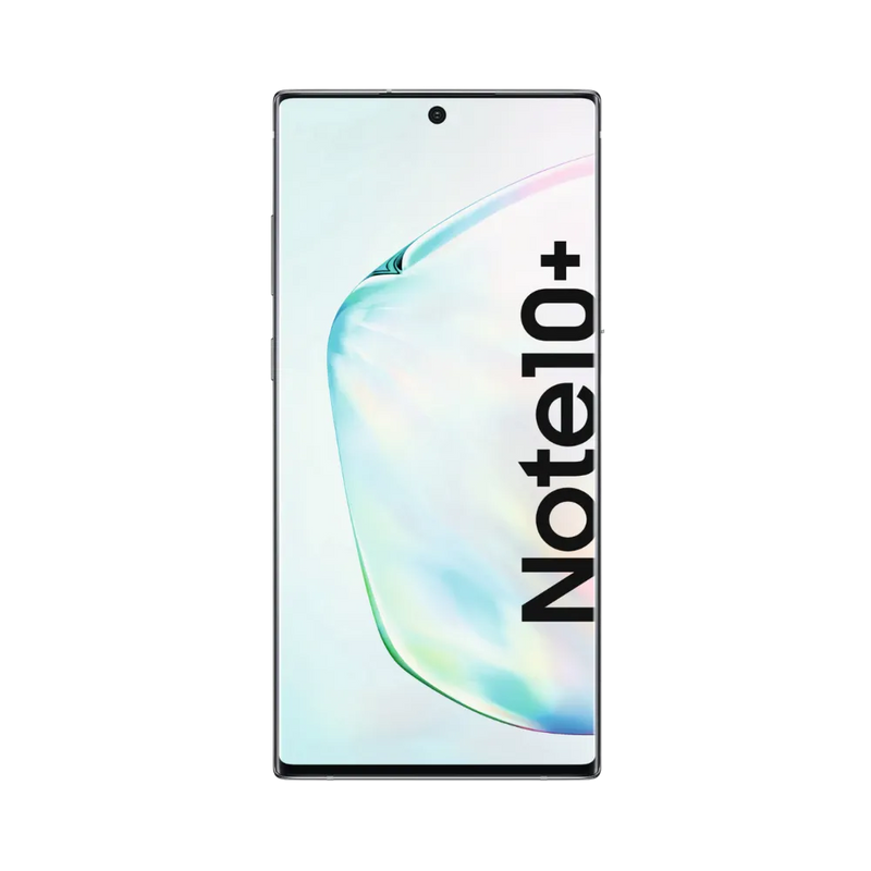 Face avant du Samsung Galaxy Note 10 Plus 5G argent, écran lumineux incurvé affichant Note10+, modèle destiné à la réparation chez iTelier Lyon : changement écran original, diagnostic offert, réparation express avec pièces certifiées.