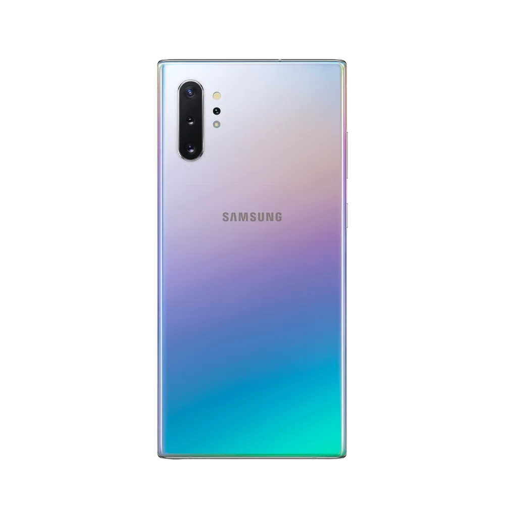 Dos du Samsung Galaxy Note 10 Plus 5G argent dégradé, triple caméra verticale avec flash intégré, smartphone présenté pour réparation chez iTelier Lyon : remplacement vitre arrière, batterie, diagnostic gratuit et pièces garanties 1 an.