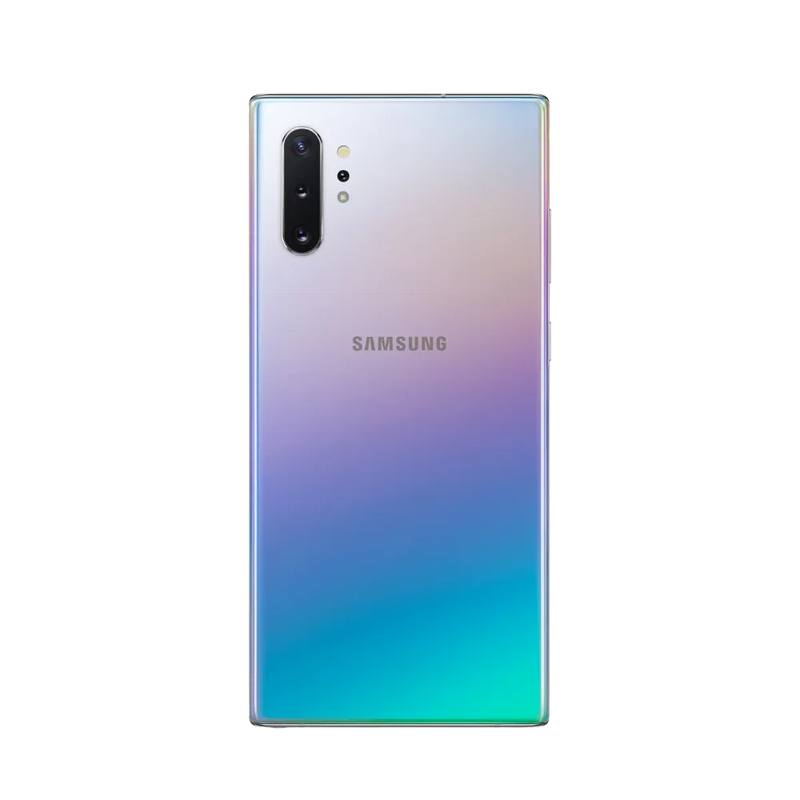 Dos du Samsung Galaxy Note 10 Plus 5G argent dégradé, triple caméra verticale avec flash intégré, smartphone présenté pour réparation chez iTelier Lyon : remplacement vitre arrière, batterie, diagnostic gratuit et pièces garanties 1 an.