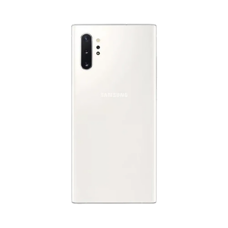 Dos du Samsung Galaxy Note 10 blanc nacré, triple caméra verticale avec flash ; visuel pour iTelier Lyon : remplacement vitre arrière, batterie, connecteur USB-C ; diagnostic gratuit et garantie 1 an.