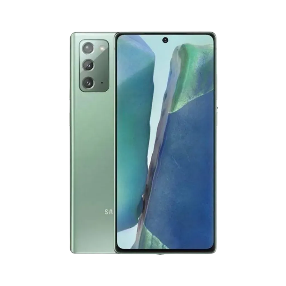 Vue latérale du Samsung Galaxy Note 20 5G vert, design fin et élégant, smartphone présenté pour réparation chez iTelier Lyon : remplacement écran, batterie, connecteur de charge, diagnostic gratuit et service express.