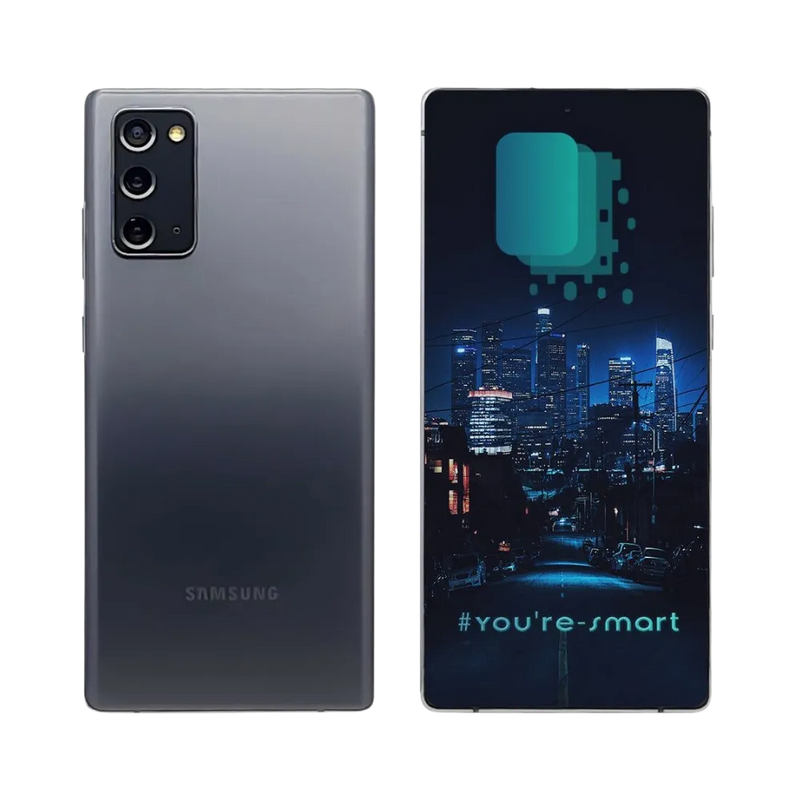 Deux Samsung Galaxy Note 20 gris côte à côte, écran allumé sur l’un et dos visible sur l’autre, visuels pour réparation chez iTelier Lyon : écran, batterie, connecteur de charge, diagnostic gratuit, service express.