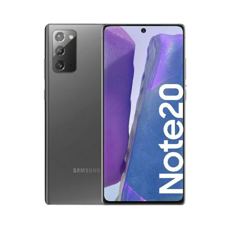 Samsung Galaxy Note 20 gris, vue avant avec écran lumineux et dos mat à triple caméra verticale, présenté pour réparation chez iTelier Lyon : remplacement écran, batterie, vitre arrière, diagnostic gratuit et service rapide garanti.