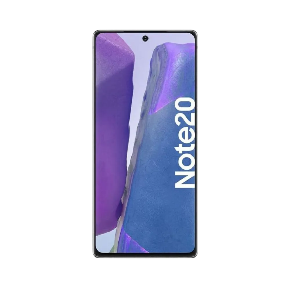 Face avant du Samsung Galaxy Note 20 gris, écran lumineux avec marquage Note20, modèle destiné à la réparation chez iTelier Lyon : changement écran original, diagnostic offert, réparation express avec pièces certifiées.