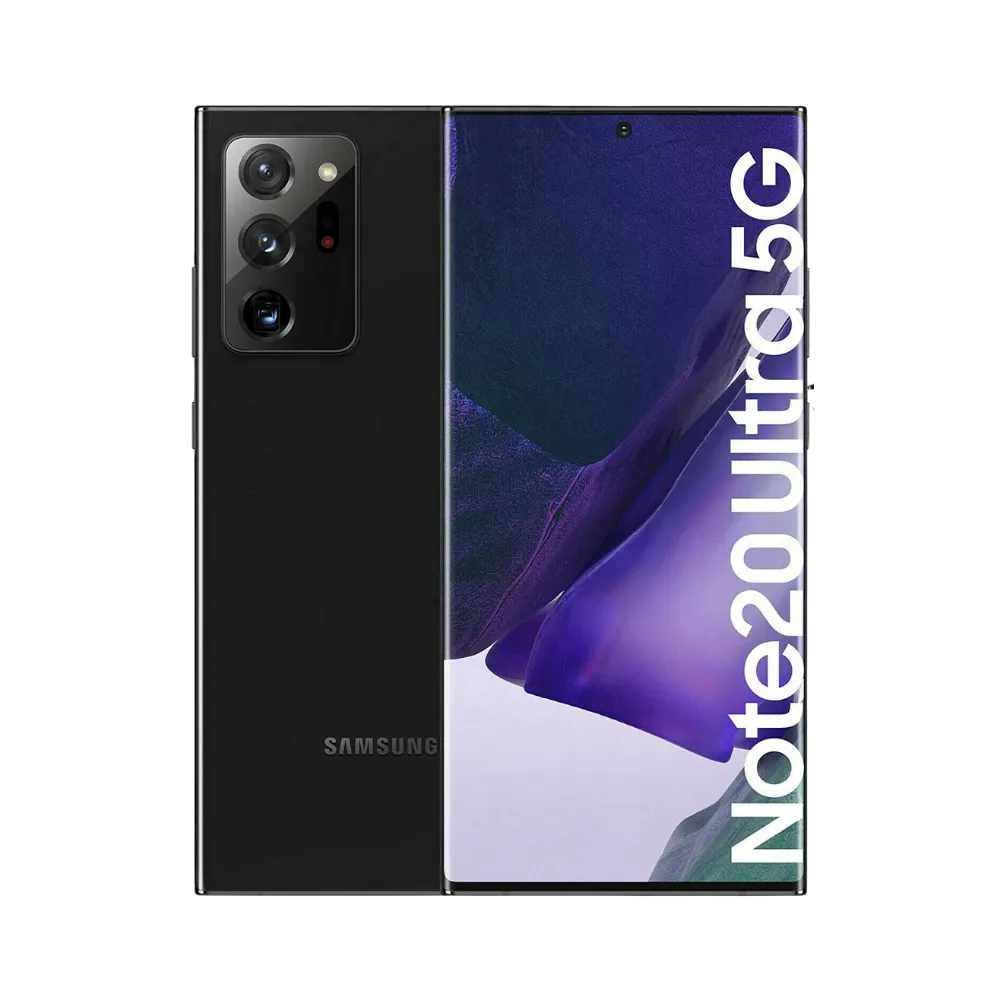 Samsung Galaxy Note 20 Ultra 5G noir, vue avant avec marquage Note 20 Ultra 5G et dos brillant équipé d’un module photo rectangulaire à trois capteurs, smartphone présenté pour réparation chez iTelier Lyon : remplacement écran, batterie, vitre arrière, diagnostic gratuit et service rapide.