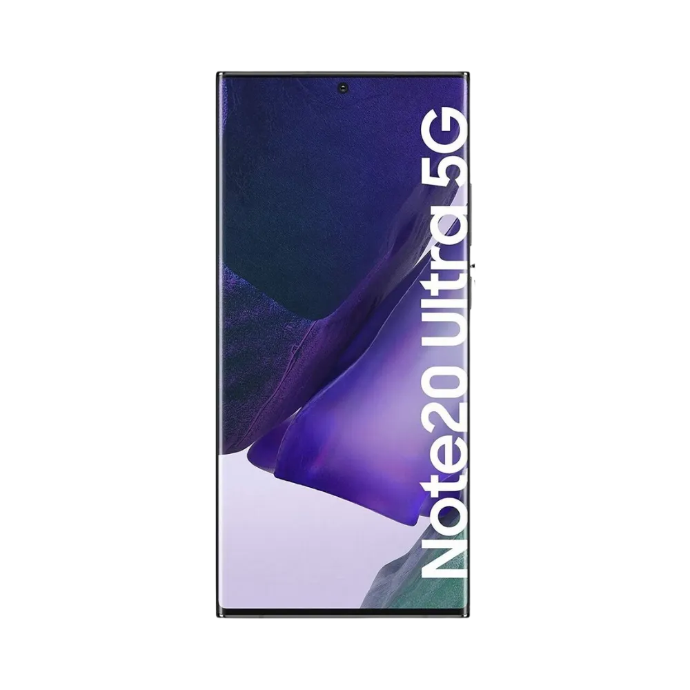 Face avant du Samsung Galaxy Note 20 Ultra 5G noir, écran lumineux affichant Note 20 Ultra 5G, modèle destiné à la réparation chez iTelier Lyon : changement écran original, diagnostic offert, réparation express avec pièces garanties.
