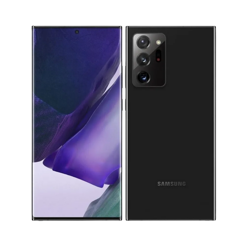 Vue latérale du Samsung Galaxy Note 20 Ultra 5G noir, design fin et élégant, smartphone présenté pour réparation chez iTelier Lyon : remplacement écran incurvé, batterie, connecteur de charge, diagnostic gratuit et service express.