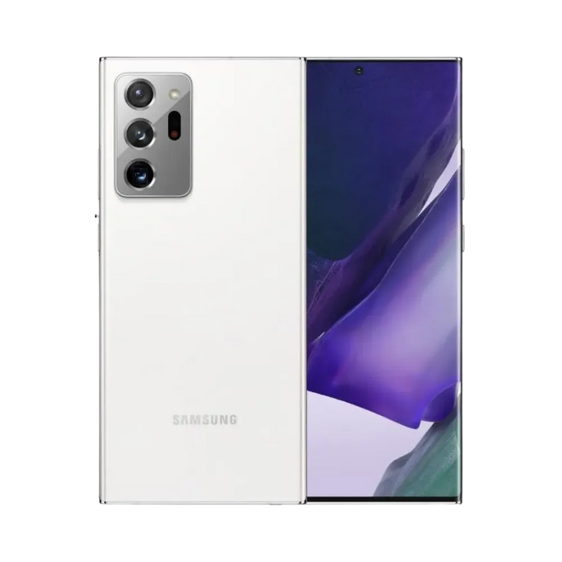 Samsung Galaxy Note 20 Ultra blanc, vue avant avec écran lumineux et dos brillant équipé d’un grand module photo rectangulaire à trois capteurs, smartphone présenté pour réparation chez iTelier Lyon : remplacement écran, batterie, vitre arrière, diagnostic gratuit et service rapide garanti.