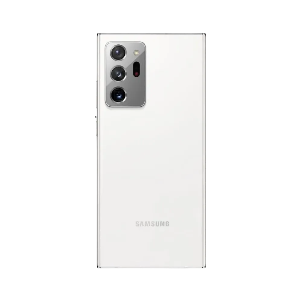 Vue latérale du Samsung Galaxy Note 20 Ultra blanc, design fin et premium, smartphone présenté pour réparation chez iTelier Lyon : remplacement écran incurvé, batterie, connecteur de charge, diagnostic gratuit et service rapide.