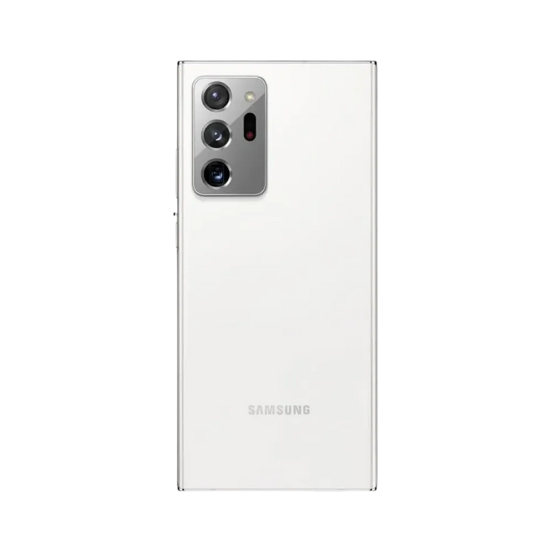 Vue latérale du Samsung Galaxy Note 20 Ultra blanc, design fin et premium, smartphone présenté pour réparation chez iTelier Lyon : remplacement écran incurvé, batterie, connecteur de charge, diagnostic gratuit et service rapide.