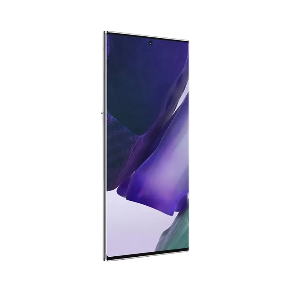 Dos du Samsung Galaxy Note 20 Ultra blanc brillant, grand module photo rectangulaire avec trois capteurs et flash, smartphone présenté pour réparation chez iTelier Lyon : remplacement vitre arrière, batterie, diagnostic gratuit et service garanti 1 an.