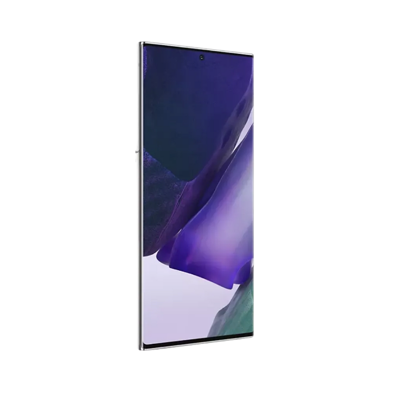 Dos du Samsung Galaxy Note 20 Ultra blanc brillant, grand module photo rectangulaire avec trois capteurs et flash, smartphone présenté pour réparation chez iTelier Lyon : remplacement vitre arrière, batterie, diagnostic gratuit et service garanti 1 an.