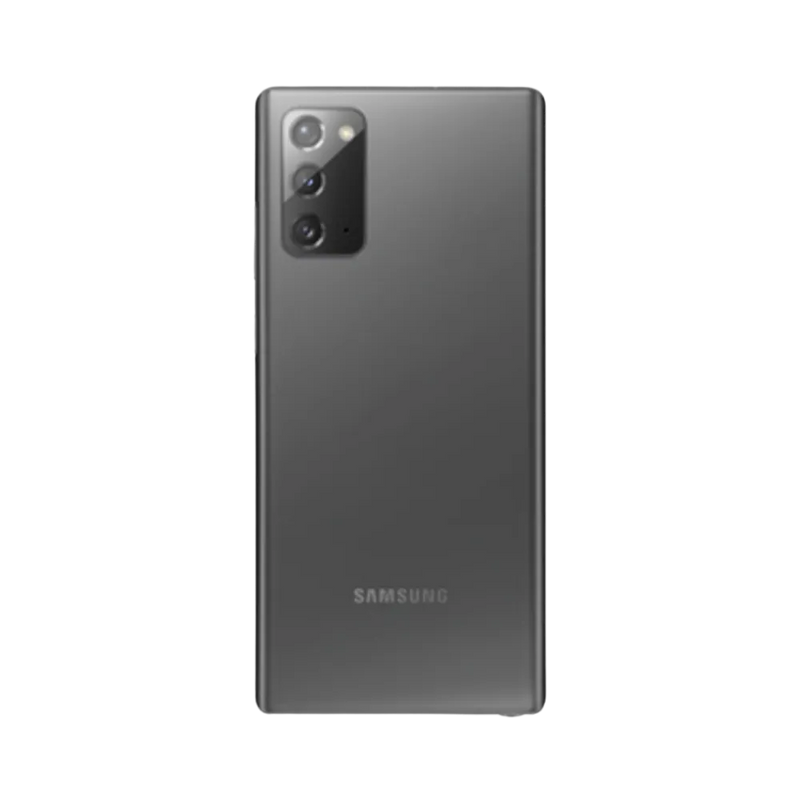 Dos du Samsung Galaxy Note 20 gris mat, triple module photo vertical avec flash, smartphone présenté pour réparation chez iTelier Lyon : remplacement vitre arrière, batterie, diagnostic gratuit et garantie 1 an.