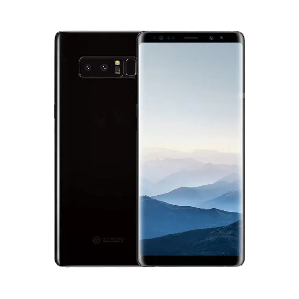 Samsung Galaxy Note 8 noir, affiché de face et de dos : grand écran AMOLED incurvé, double caméra horizontale avec lecteur d’empreintes à l’arrière. Service iTelier Lyon : remplacement écran cassé, batterie fatiguée, vitre arrière brisée. Diagnostic gratuit, pièces garanties 1 an.