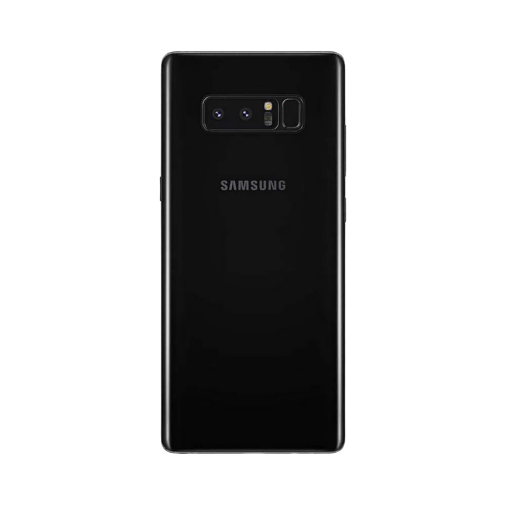 Dos du Galaxy Note 8 noir mat, module photo horizontal avec double capteur, flash et lecteur d’empreintes latéral. Visuel iTelier Lyon pour remplacement vitre arrière, changement batterie, réparation caméra. Diagnostic gratuit et garantie 1 an.