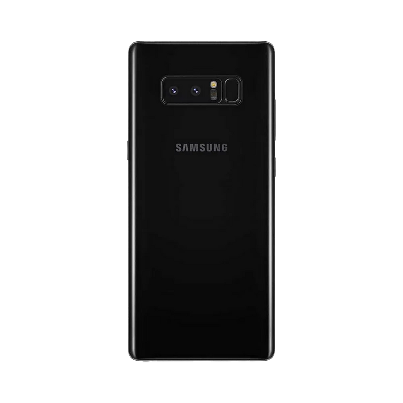 Dos du Galaxy Note 8 noir mat, module photo horizontal avec double capteur, flash et lecteur d’empreintes latéral. Visuel iTelier Lyon pour remplacement vitre arrière, changement batterie, réparation caméra. Diagnostic gratuit et garantie 1 an.