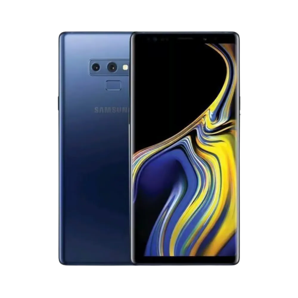 Samsung Galaxy Note 9 bleu, présenté de face et de dos : grand écran AMOLED incurvé, double appareil photo horizontal au dos avec lecteur d’empreintes. Visuel iTelier Lyon 6 pour réparation : remplacement écran, batterie, vitre arrière, diagnostic offert et service express garanti.