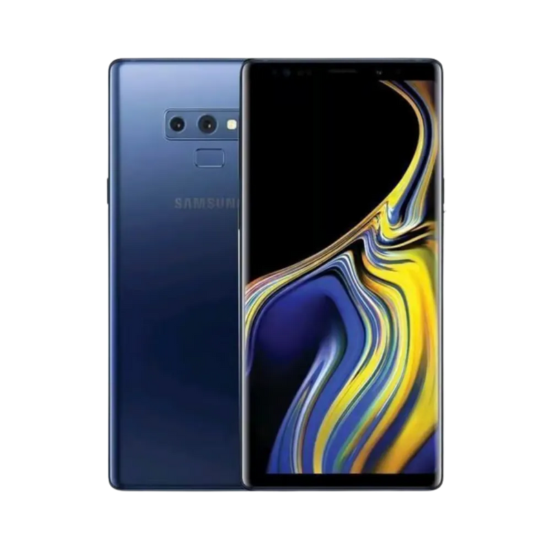 Samsung Galaxy Note 9 bleu, présenté de face et de dos : grand écran AMOLED incurvé, double appareil photo horizontal au dos avec lecteur d’empreintes. Visuel iTelier Lyon 6 pour réparation : remplacement écran, batterie, vitre arrière, diagnostic offert et service express garanti.