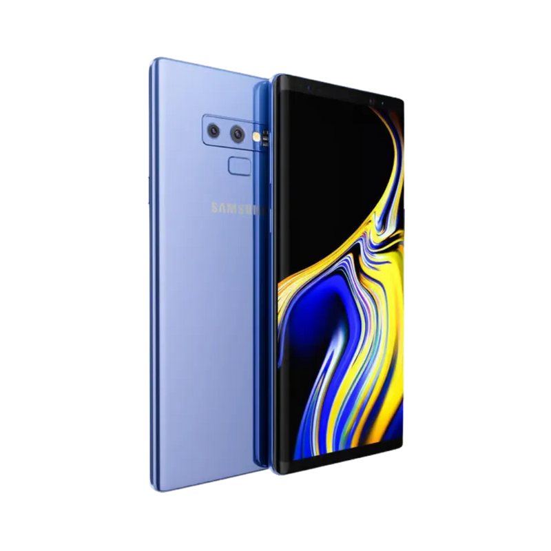 Galaxy Note 9 bleu en vue oblique, écran lumineux avec bordures fines incurvées. Réparation iTelier Lyon : changement écran OLED, test complet, remplacement batterie ou connecteur de charge. Diagnostic gratuit et réparation rapide avec pièces certifiées.